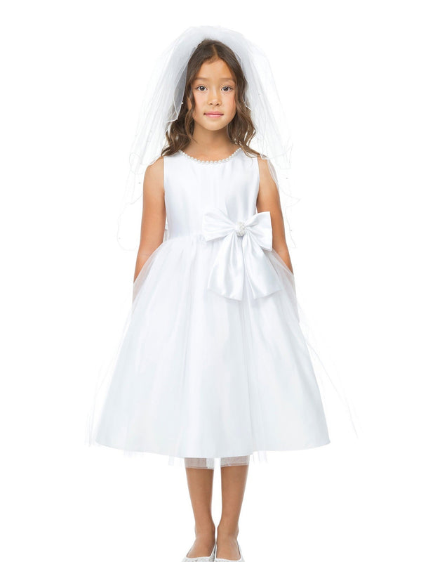 Sweet Kids Big Girls White Satin Tulle Pearl Ribbon Flower Girl Dress 7-12 - SophiasStyle.com